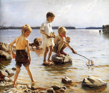 Garçons jouant à la plage Impressionnisme enfant Peinture à l'huile